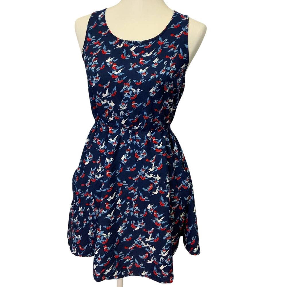 Whispers Womens Small Bluebird Print Elastic Waist Fit & Flare Scoop Neck Dress